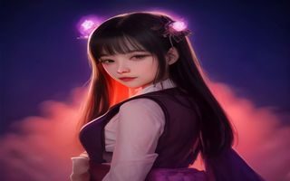 与僧侣相交色欲之夜女主角角色图：年轻女性夜访寺院，神情略显迷茫与期待，月光从侧面打亮她的轮廓，背景是寺院走廊