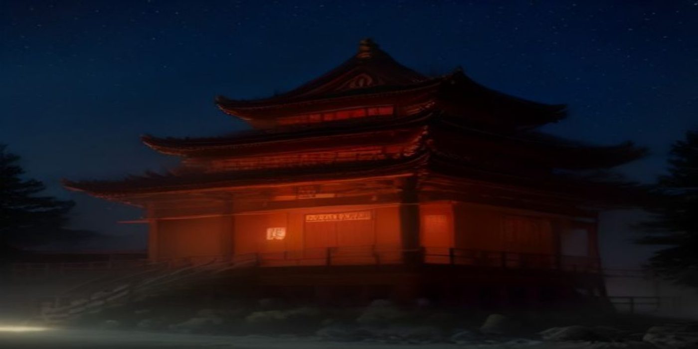 与僧侣相交色欲之夜封面意境图：深夜寺院中烛光摇曳、禅房窗格投下几何光影，画面色调深沉神秘，绿色森林背景若隐若现